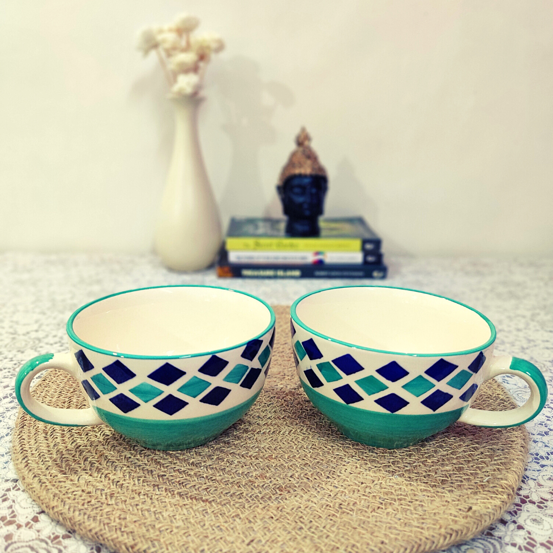 Homefrills Ceramic Glossy Finish Large Coffee Mugs/Soup Mugs/ Cereal Bowls Set of Two Glossy Finish Suitable for Coffee, Tea, Juice, Cappuccino, Soup ,Milk etc. (275ml) Set of 2 (Colour-Green)